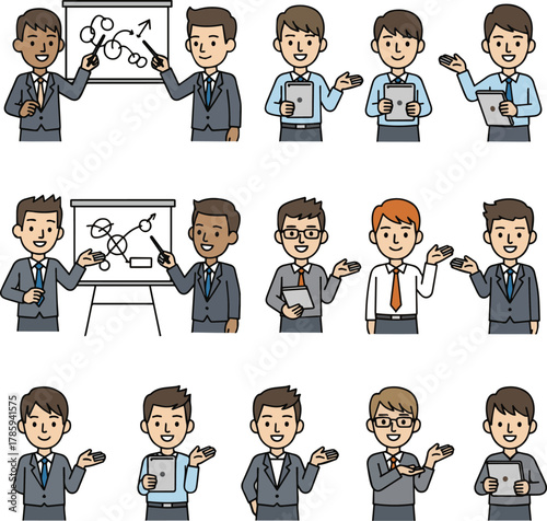 Create a kinds of deferent Simple vector illustration of a smiling businessman giving an explanation vector art with white background..