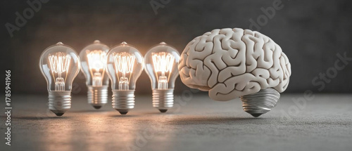 Four glowing bulbs directed at a model of the human brain symbolise creativity and intelligence, which is relevant for educational projects or as an inspiring backdrop on scientific platforms.
