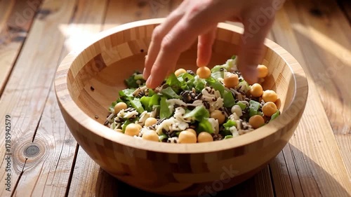 Hand mixing a fresh salad in a wooden bowl