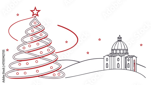 Stylized christmas scene with a christmas tree and a building on a snowy hill with stars around