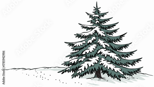 Illustration of a snow covered evergreen tree with snow on the ground and animal tracks present