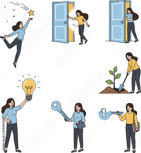 Create a kinds of deferent Simple vector illustration of a young woman seizing an opportunity vector art with white background..