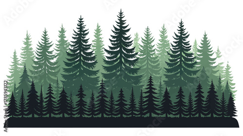 Dense Evergreen Conifer Forest Silhouette Illustration in Layered Green Tones
