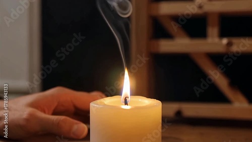 Hand over a lit candle, smoke rising