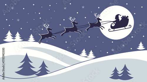 Santa claus flying in sleigh with reindeer over snowy landscape on christmas night with full moon