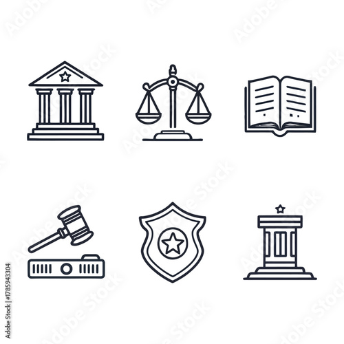 Law and Justice Line Icons – Court, Scale, Gavel, Police Shield and Legal Symbols Set
