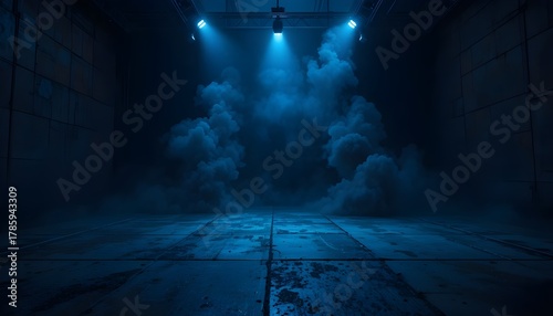 Dark Street Asphalt Background with Neon Lights, Spotlights, Smoke, and Concrete Floor for Futuristic Scene