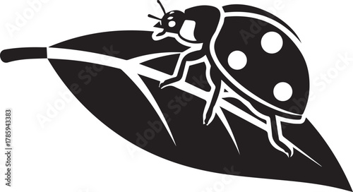 Black and white silhouette of a ladybug resting on a textured leaf