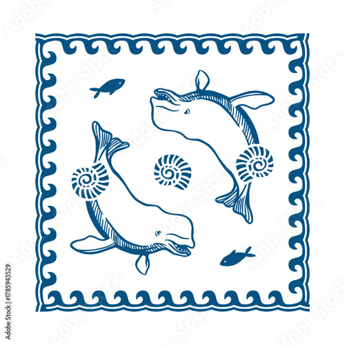 Beluga dolphins swimming with fish and shells in a wave frame. Hand drawn blue line art vector illustration for tiles, banners and cards for Ocean Protection Day.