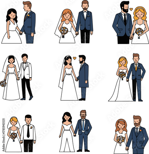 Create a kinds of deferent Simple vector illustration of bride and groom vector art with white background.