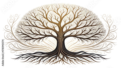 Decorative Tree of Life Illustration with Intricate Branches and Roots in Elegant Brown Tones
