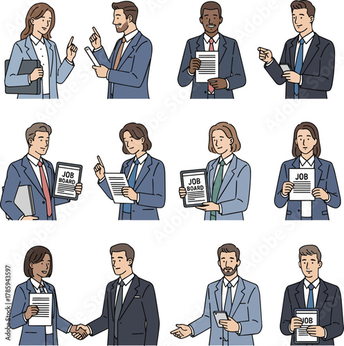  Create a kinds of deferent Simple vector illustration of men and women in suits looking for jobs vector art with white background.