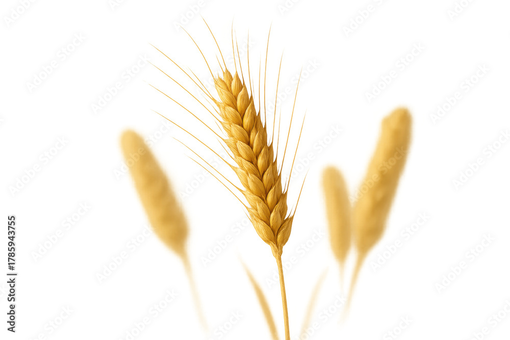 Naklejka premium Golden wheat ears signifying harvest, agriculture, and healthy nutrition, isolated on a transparent background