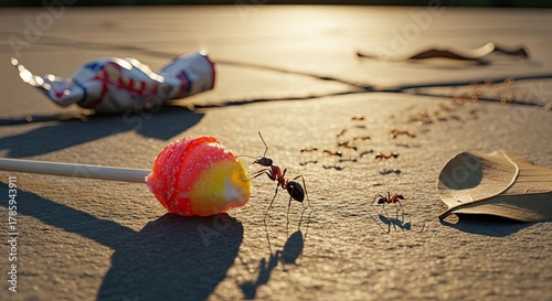Fototapeta Naklejka Na Ścianę i Meble -  Ants gather around a discarded lollipop on a sunlit pavement, a scene of urban wildlife and human litter.