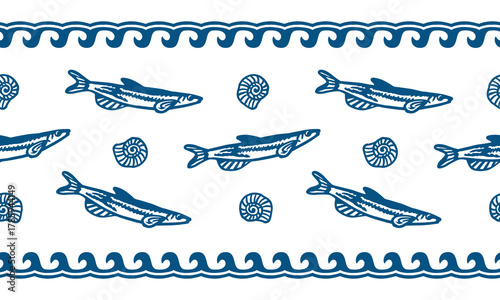 Blue fish seamless border. Hand drawn line art illustration of sardines, shells and waves. Vector clip art for wrapping paper, fabric and festival banners.
