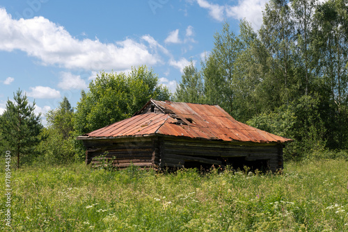Ruins of an old abandoned wooden house in the countryside
