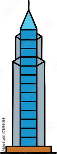 Modern futuristic skyscraper building with geometric design and blue glass facade isolated on transparent background