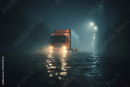 Transport truck in a storm on a flooded road. Generative AI image