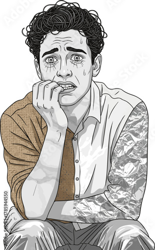 Create a material of an anxious young man vector art with white background.
