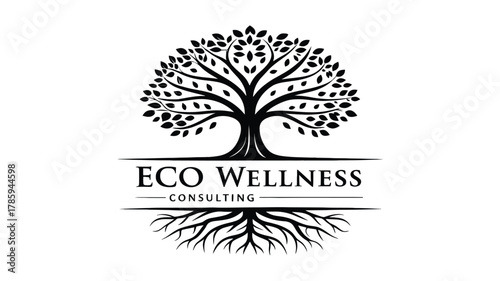 Eco Wellness Consulting logo design featuring a stylized tree with roots symbolizing growth, nature, and balance
