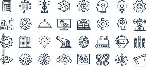 Adobe Illustrator Artificial intelligence and technology icon set with line style symbols of robots, gears, cloud computing, automation, and machine learning concepts
Artwork