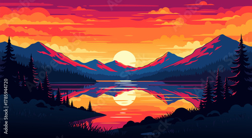 Vibrant Pixel Art Sunset Landscape over Reflective Lake with Majestic Mountains - A Serene and Colorful Digital Artwork Depicting Nature's Beauty