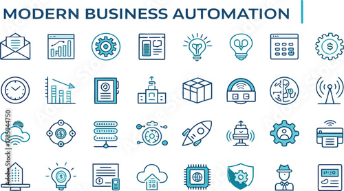 Adobe IllustratoSet of modern business automation icons representing digital transformation, workflow efficiency, data analysis, cloud computing, and innovation concepts
r Artwork