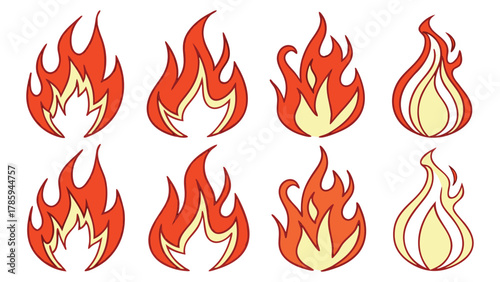 Adobe Illustrator ACollection of stylized flame icons in various shapes and designs with red and yellow tones representing fire or heat
rtwork