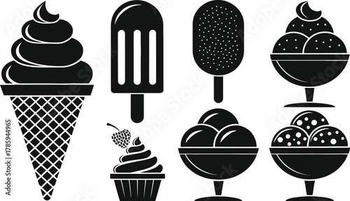 Adobe IllustratoBlack ice cream and dessert icon set featuring cones, popsicles, sundaes, and cupcakes in silhouette style on white background
r Artwork