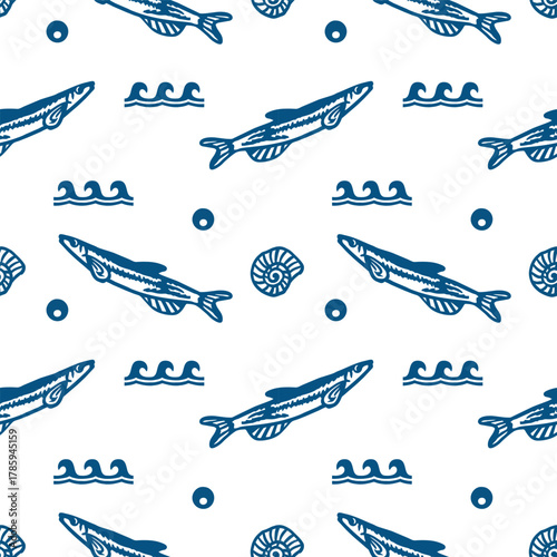 Sardines, shells and waves seamless pattern. Hand drawn line art illustration of fish. Vector clip art for wrapping paper, fabric and festival cards.