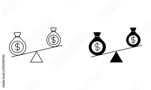 Money bags on a scale, financial imbalance and investment concept icon vector