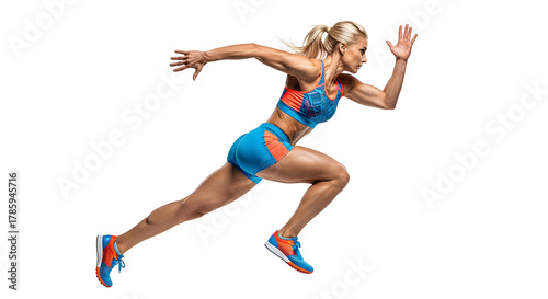 Determined female athlete sprints forward with power isolated on transparent background, showcasing her strength and speed