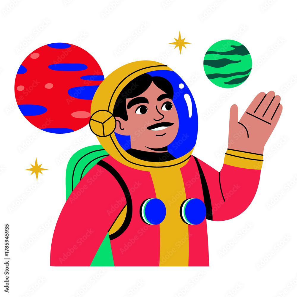 Naklejka premium Astronaut floating through colorful cosmic waves surrounded by glowing planets and stars — PNG File On Transparent Background 