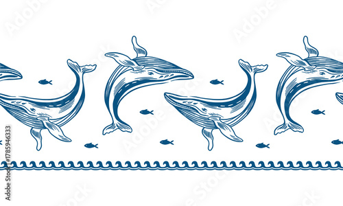 Blue whales seamless border. Hand drawn line art illustration of fish and waves. Vector clip art for wrapping paper, fabric and festival banners. Suitable for tableware decor.