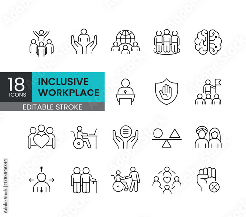 A set of vector icons representing inclusive workplace values, diversity, and employee well-being, created in line style with editable stroke