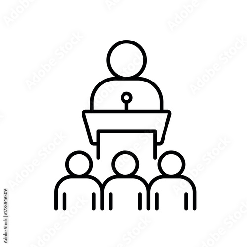 A line icon showing a speaker at a podium with a group below, representing representation, leadership and visibility