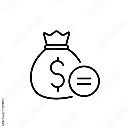 A line icon of a money bag and a coin with an equality symbol, representing pay equity and fair compensation