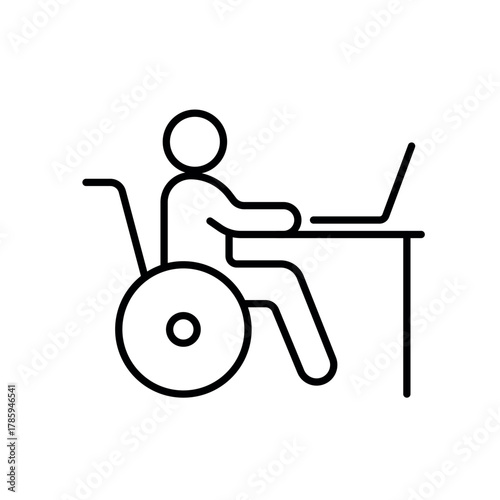 A vector icon of a person in a wheelchair at a desk, representing workplace accessibility, created in line style with editable stroke