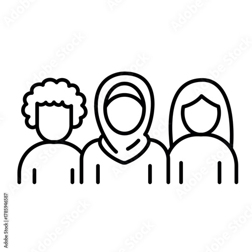 A line icon of three diverse people, including different hairstyles and a hijab, representing ethnic diversity and inclusion