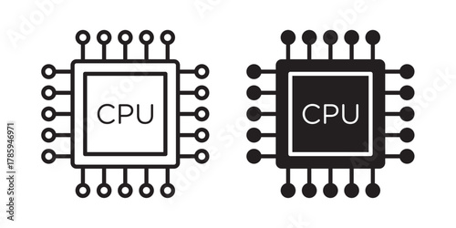 CPU Icon. Electronic microchip, chipset, chip. Central processing unit. Computer, phone processor. Integrated circuit. Vector illustration with stroke and fill on a white background.