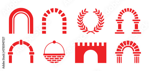 Collection of Red Arches, Laurel Wreath, and Castle Gate Icons