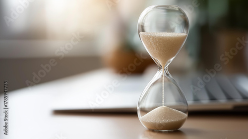 Hourglass on desk with last minute inscription defocused office, faceless time pressure, travel visualization detail, blurred workspace background, vacation sale concept, tourism i