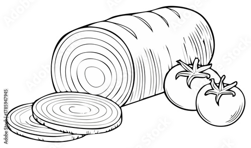 Line art of sliced bread loaf with tomatoes for coloring book food themes