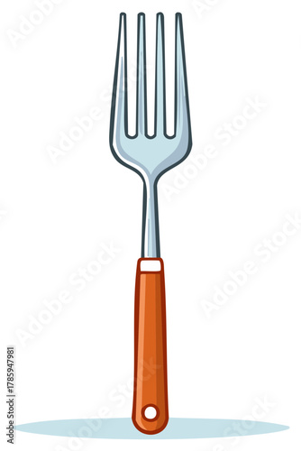 Simple cartoon vector illustration of a metal dining fork with a brown handle