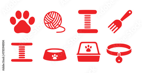 Red Icons Representing Cat Care and Accessories on a White Background