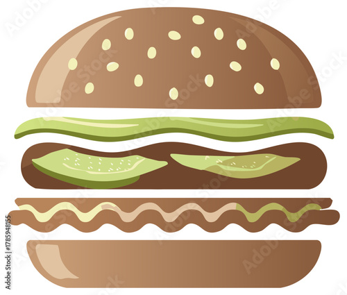 Delightful hamburger illustration layered to show the fresh ingredients inside the sesame seed bun
