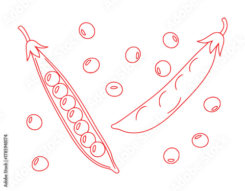 Red Line Art Illustration of Peas in Pods and Scattered Peas on White Background