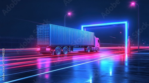 Fototapeta Naklejka Na Ścianę i Meble -  Truck traversing neon-lit road, futuristic gate