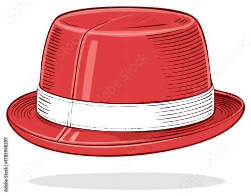 Stylized Red Fedora Hat with White Band, Fashion Accessory Vector Illustration