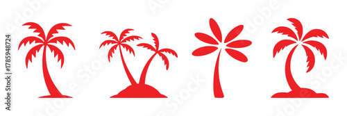 Set of Four Red Palm Tree Silhouettes on White Background
